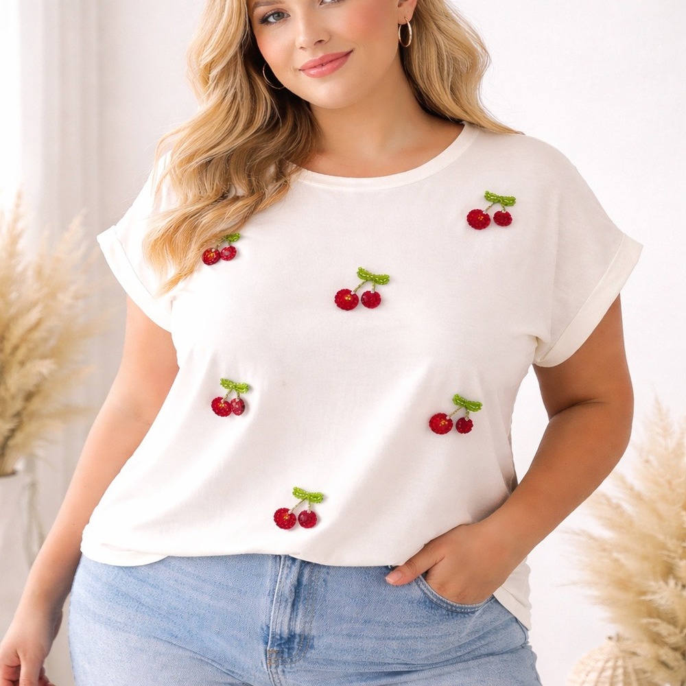 Mesh + Love Cherry Embellished Tee 3X Cream Beaded Coquette Top NWT
